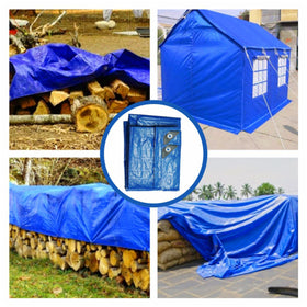 Tarpuglider blue tarp covering gear in all-weather conditions