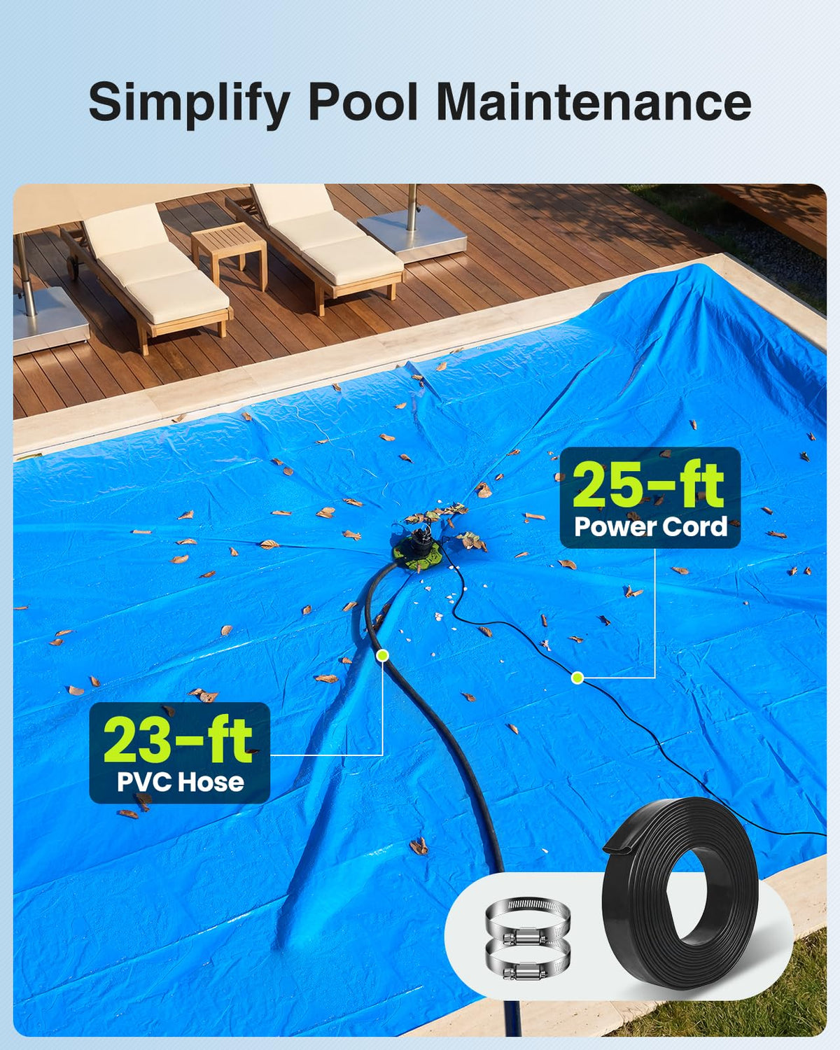 TaskStar pump includes extra-long 25ft power cord for yard reach.