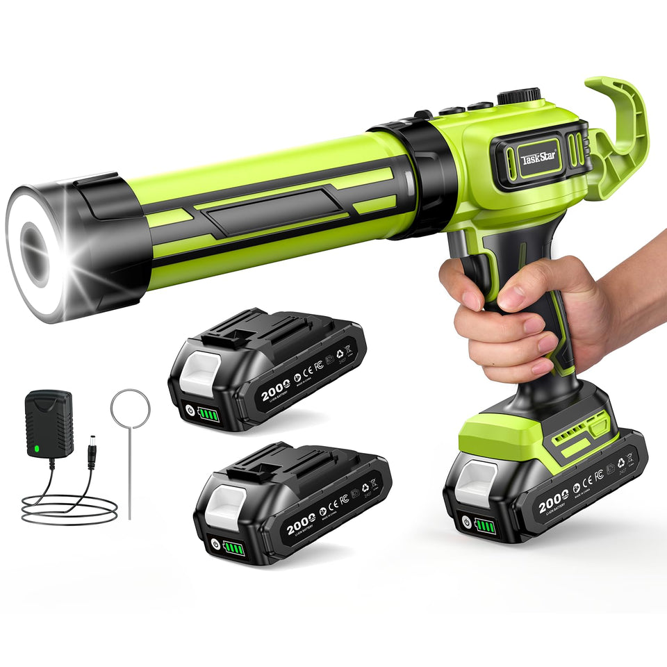 Taskstar electric caulking gun with LED light for precise corners and better visibility.