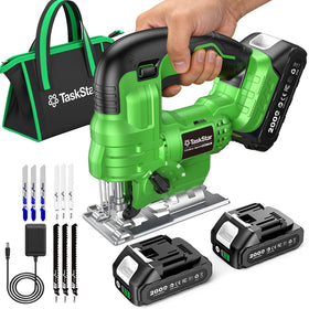 TaskStar jig saw with battery pack powering cordless cutting and extended runtime