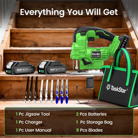 TaskStar complete jig saw kit with batteries, charger, and storage bag