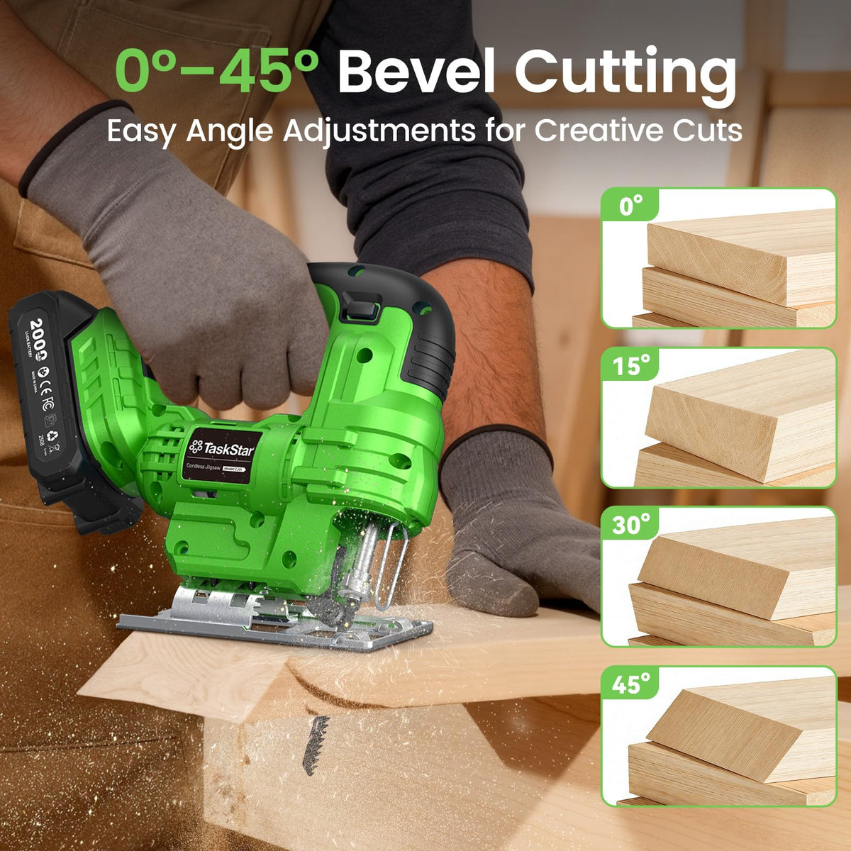 TaskStar jig saw cuts wood, metal, and PVC with included blades
