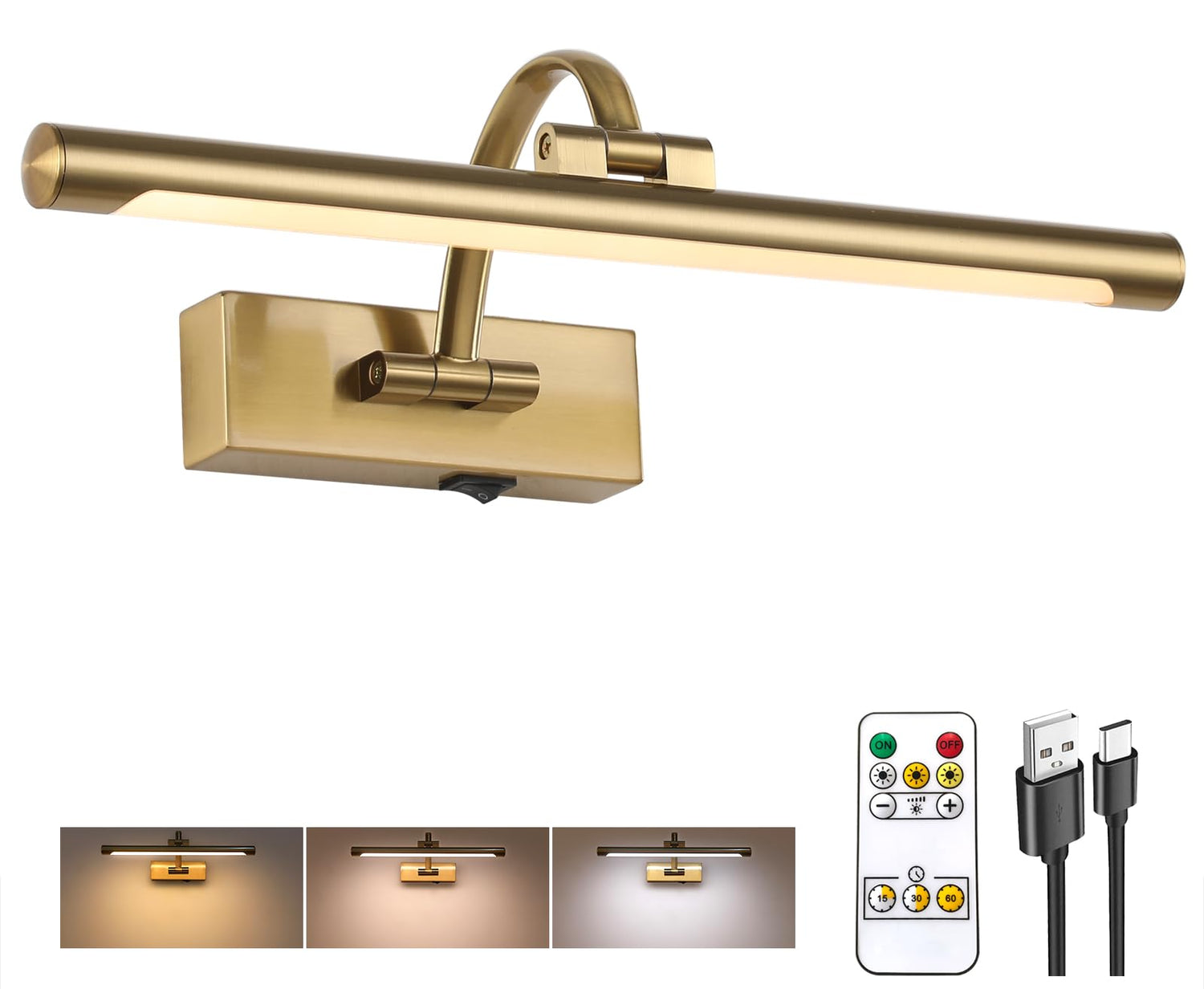 Tassuowell art light in brass finish enhances paintings with warm, adjustable illumination.