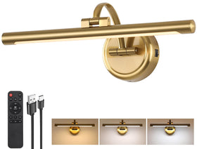 Tassuowell brass picture light, front view, highlighting a framed artwork with cordless brightness