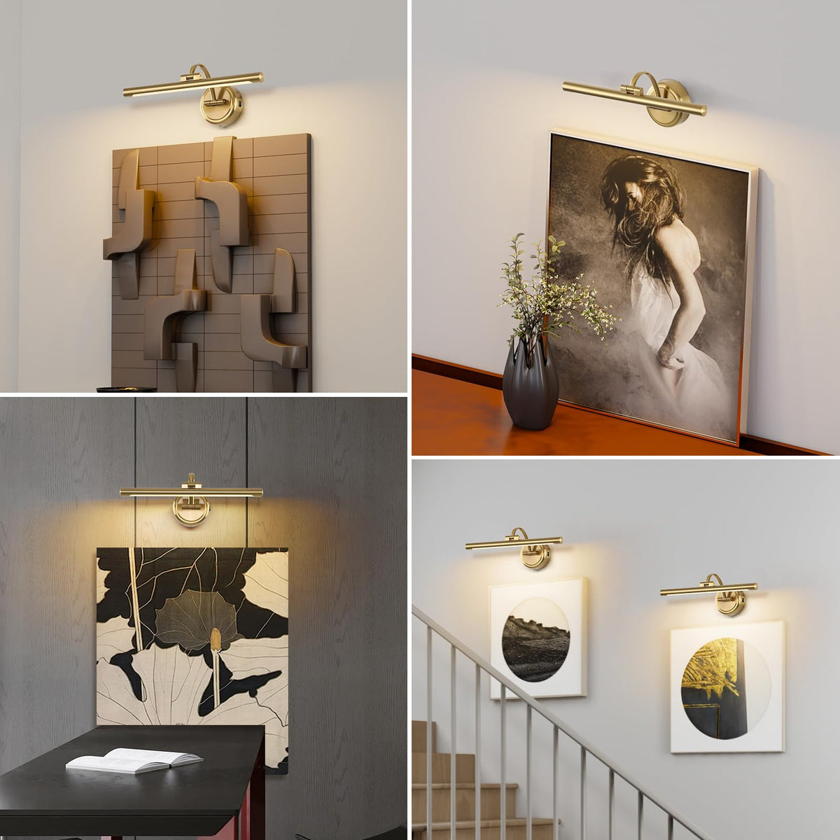 Tassuowell brass picture light, side view, showcasing adjustable tilt for art accents