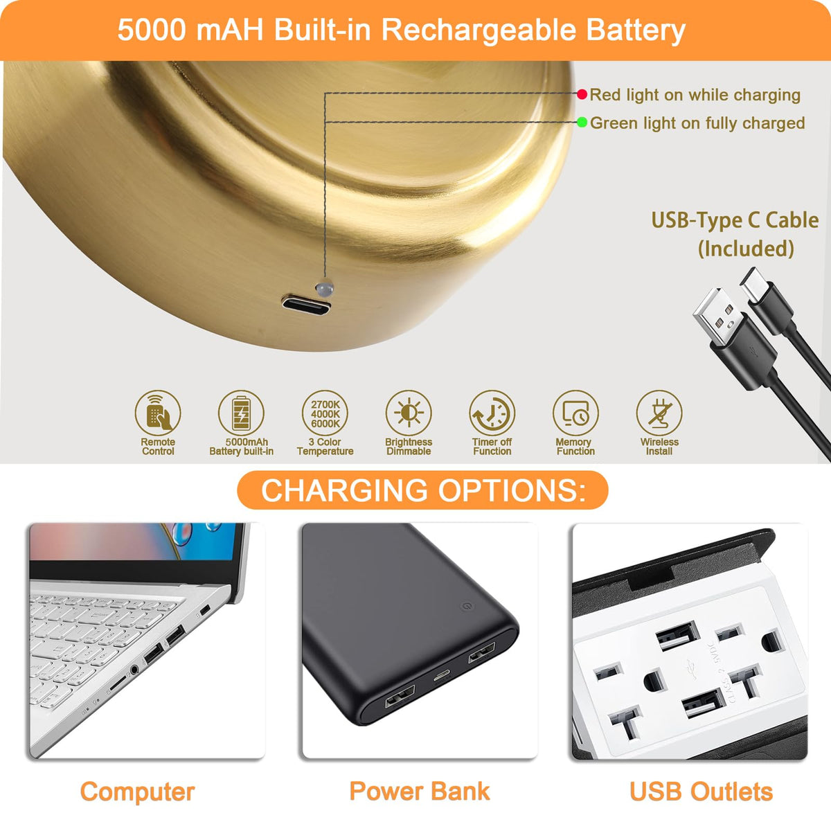 Tassuowell brass picture light charges via USB-C for quick setup