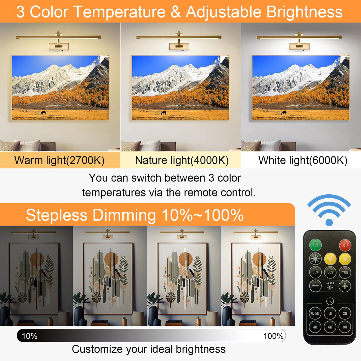 Tassuowell brass picture light remote 4000K for balanced colors