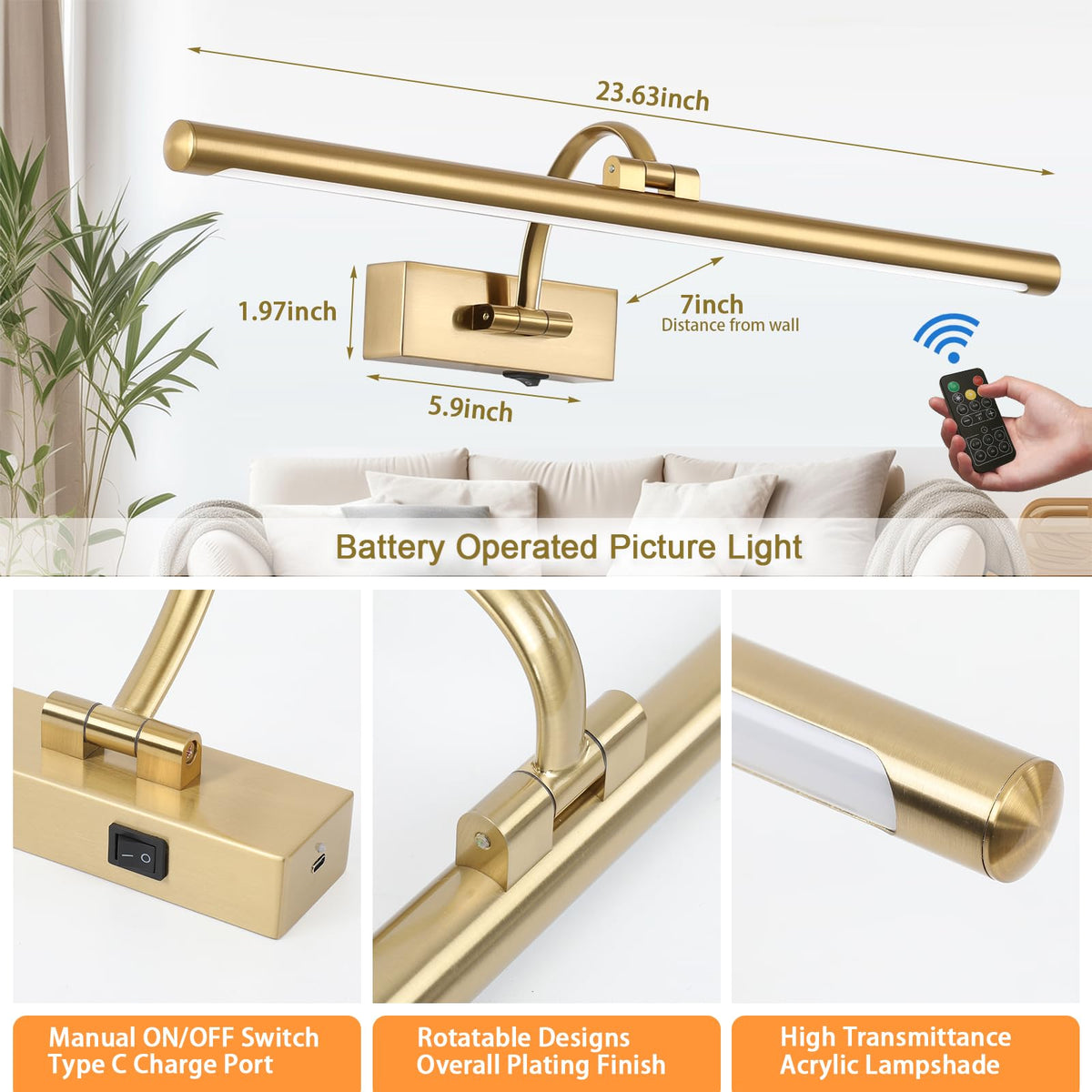 Tassuowell remote 6000K brass picture light for bright displays