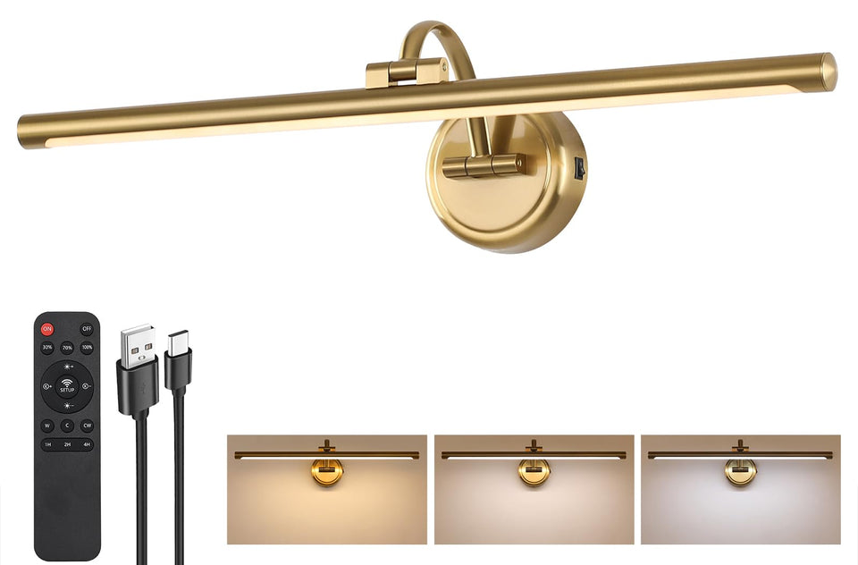 Tassuowell brass picture light mounted on wall to highlight art without cords
