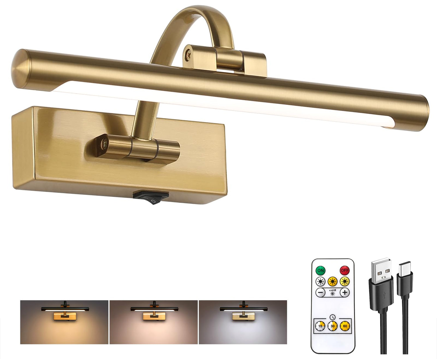 Tassuowell rechargeable picture light with remote in brass finish highlights art with adjustable brightness.