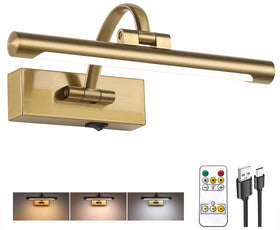 Tassuowell rechargeable picture light with remote in brass finish highlights art with adjustable brightness.