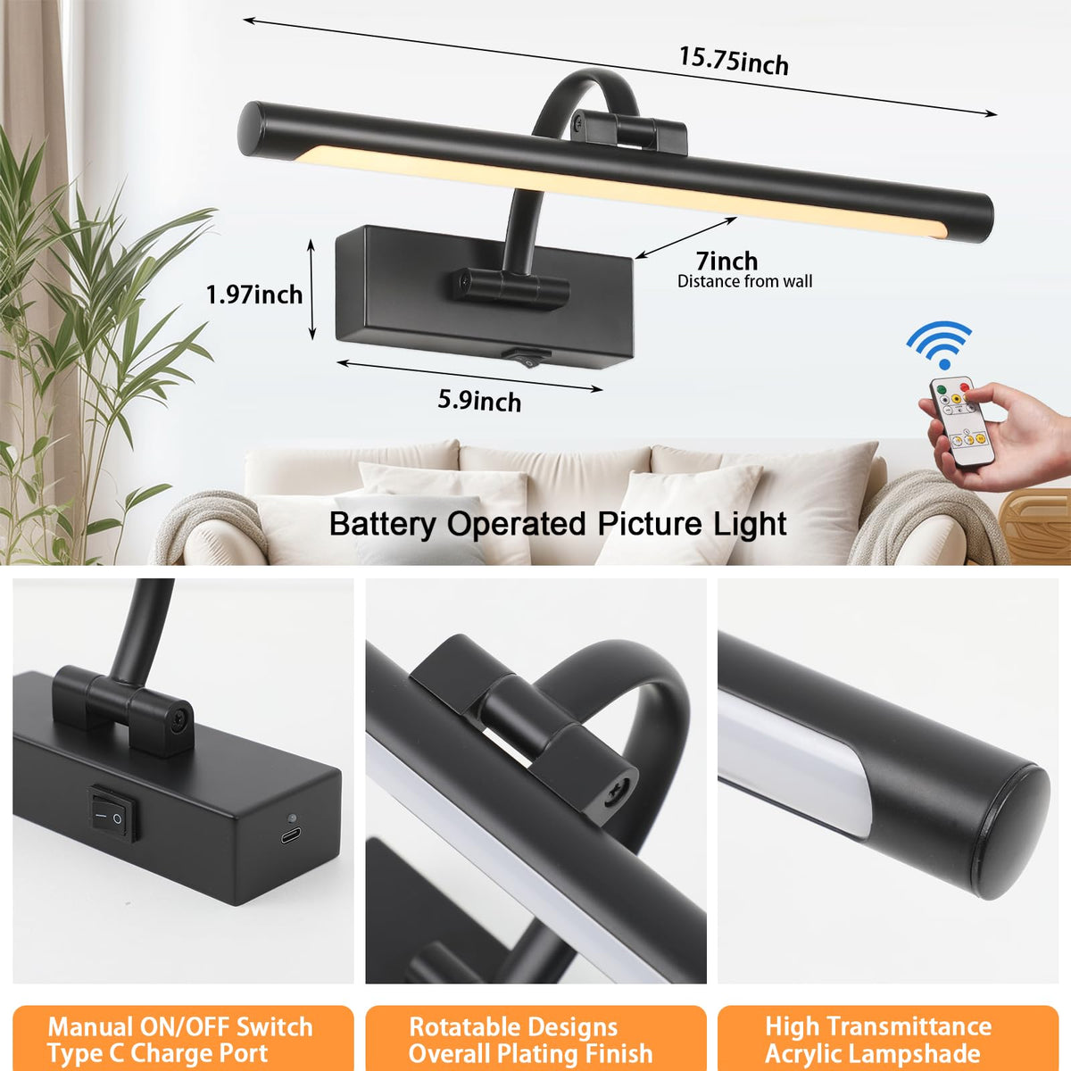 Tassuowell swing arm allows precise light direction on framed pieces.