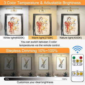 Tassuowell wireless picture light with remote enables convenient brightness control.