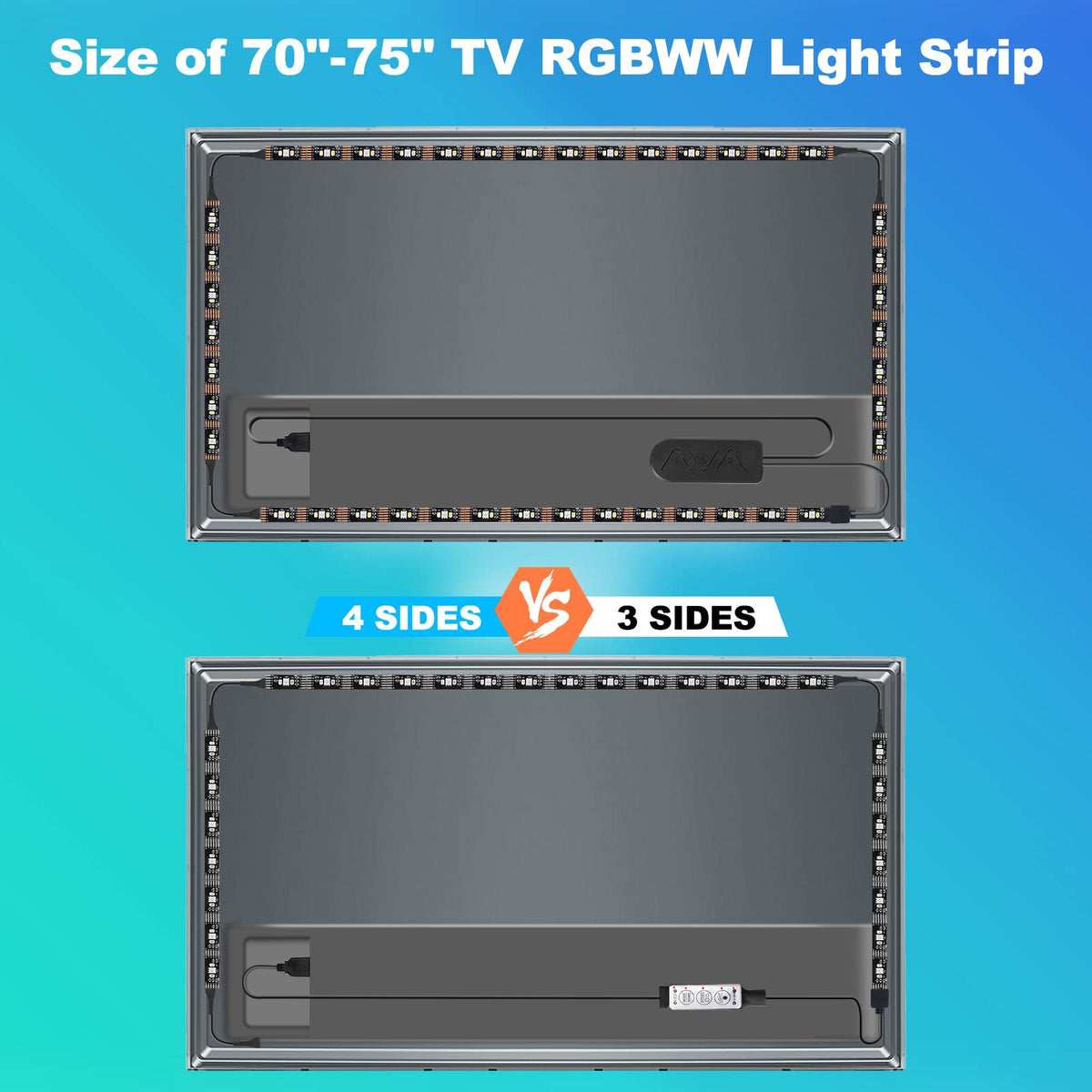 Tatazone RGB+White lighting around the TV edges for balanced ambient glow.