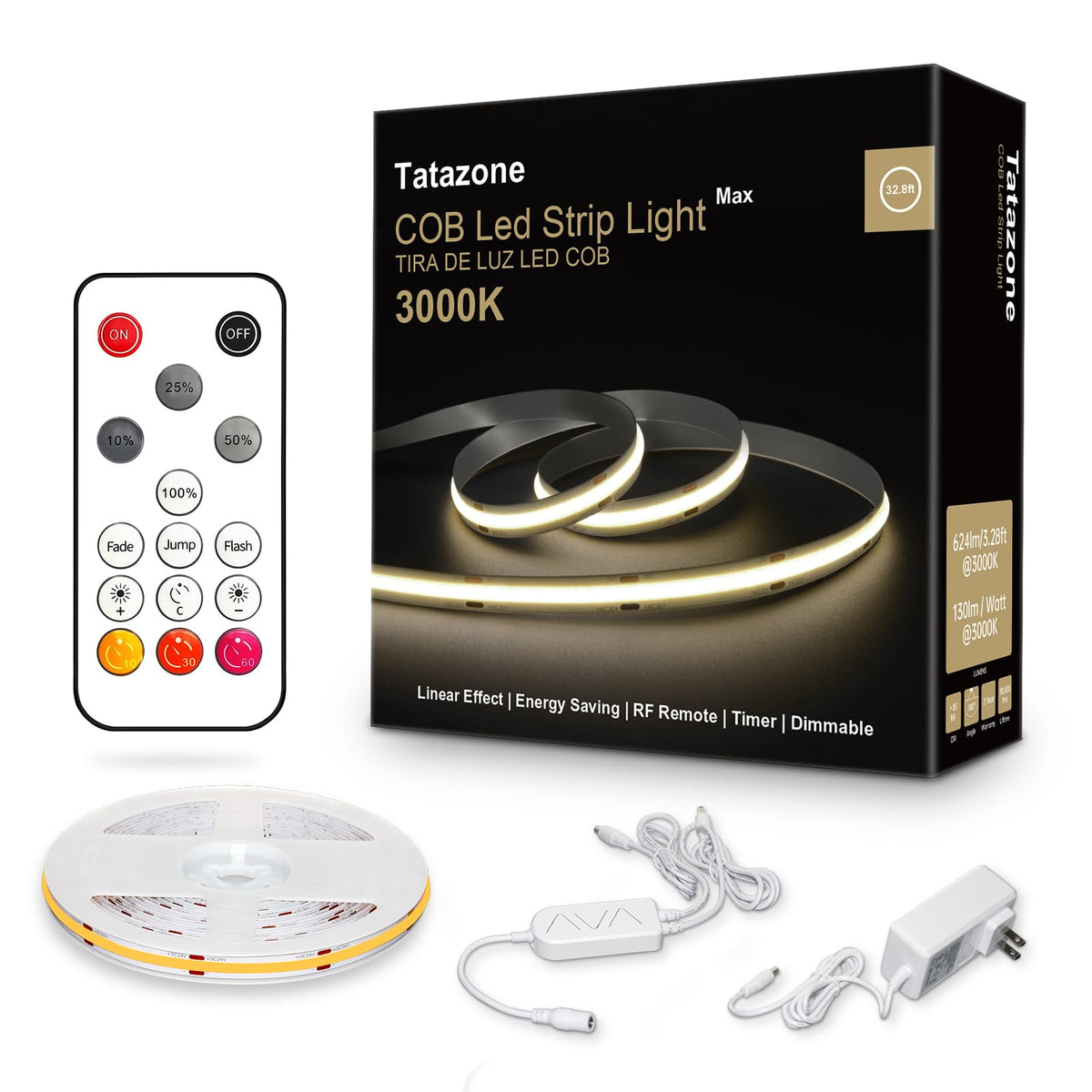 Tatazone LED strip 32.8ft provides bright, even coverage for living areas.