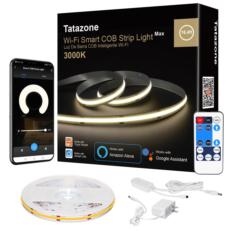 Tatazone smart white COB LED strip 16.4ft for seamless room lighting.