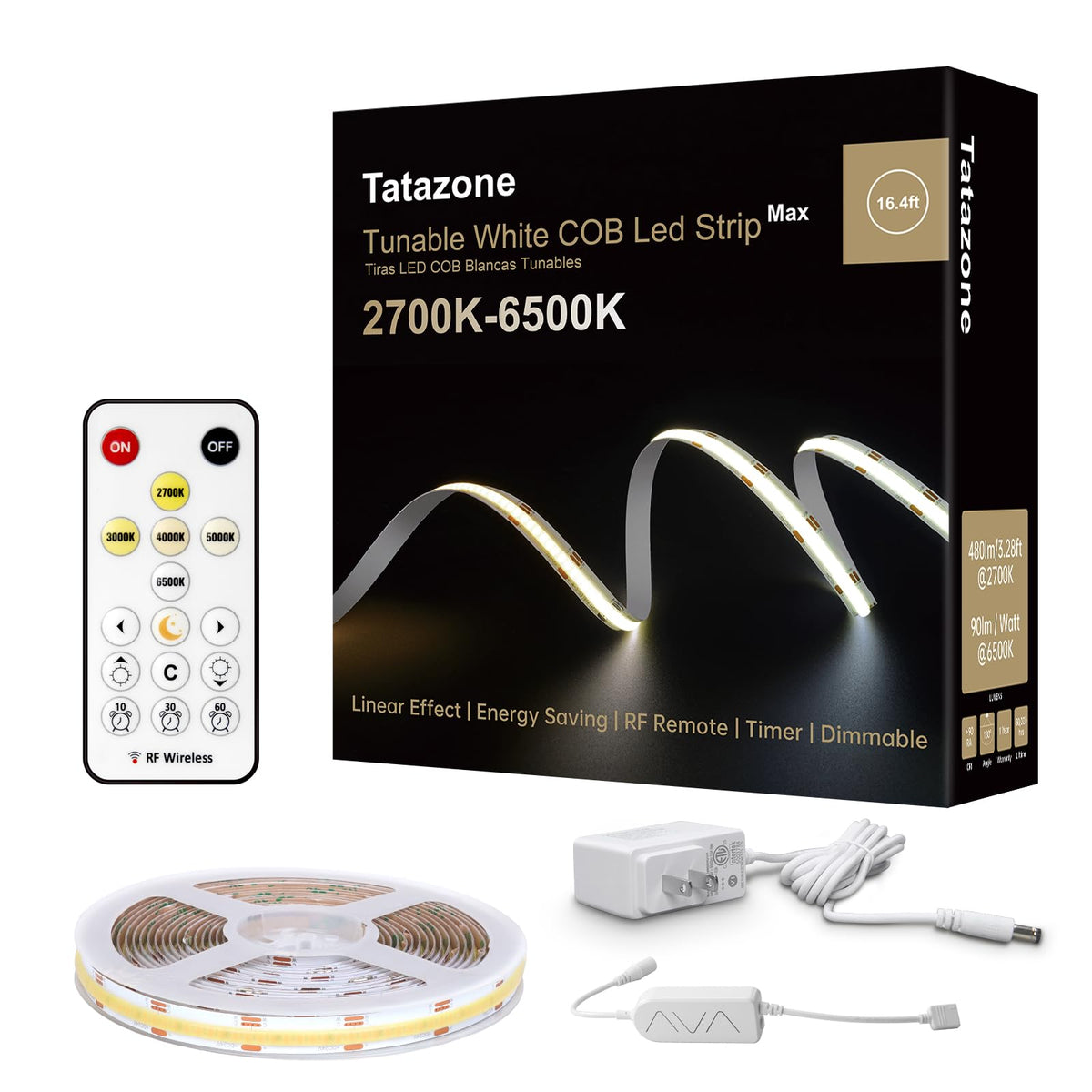 Tatazone tunable white COB LED strip light with remote for customizable ambience.