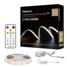 Tatazone tunable white COB LED strip light with remote for customizable ambience.