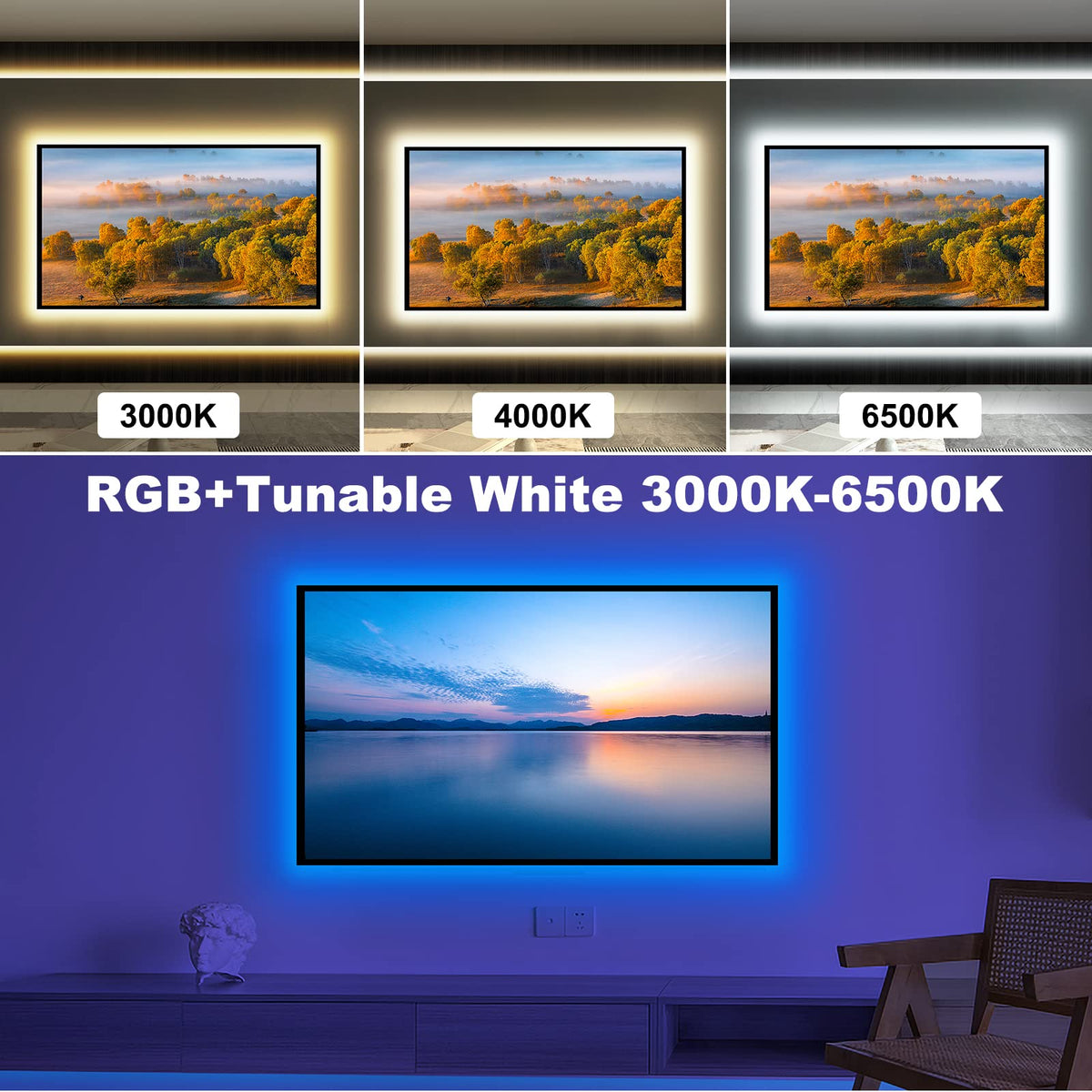 Tatazone behind-TV installation demonstrates flexible strips for seamless fit.