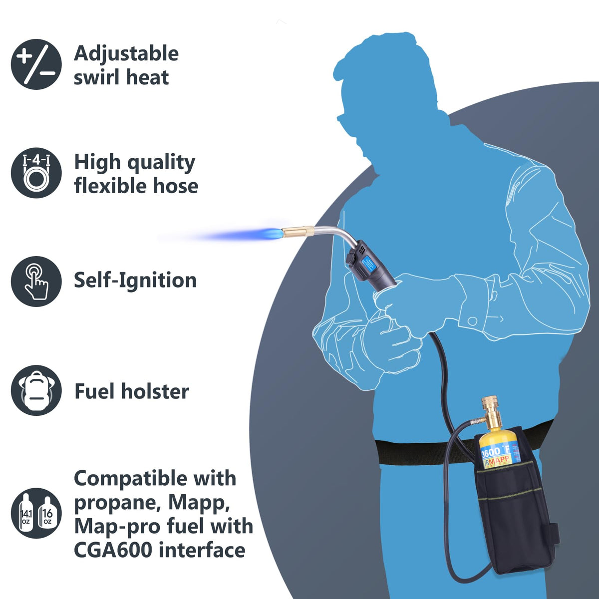 TAUSOM MAPP torch with four point nine foot hose for safe narrow-space work