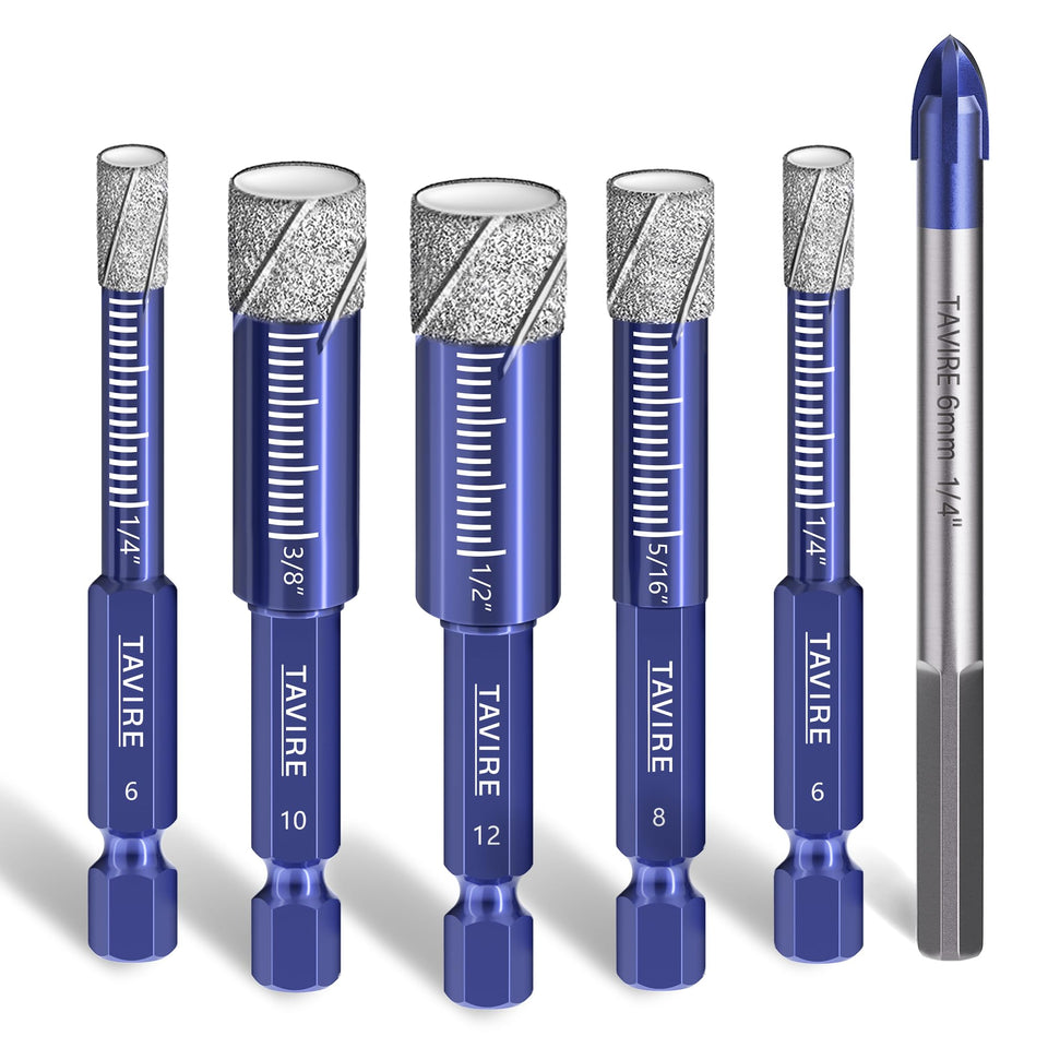 Tavire 6-piece dry diamond drill bits for porcelain and tile offer clean holes.