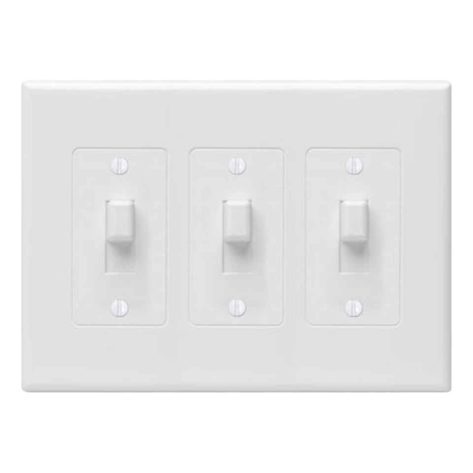 TayMac 2673W 3-Gang MASQUE decorator cover in white adds a fresh, modern look for high-traffic rooms.