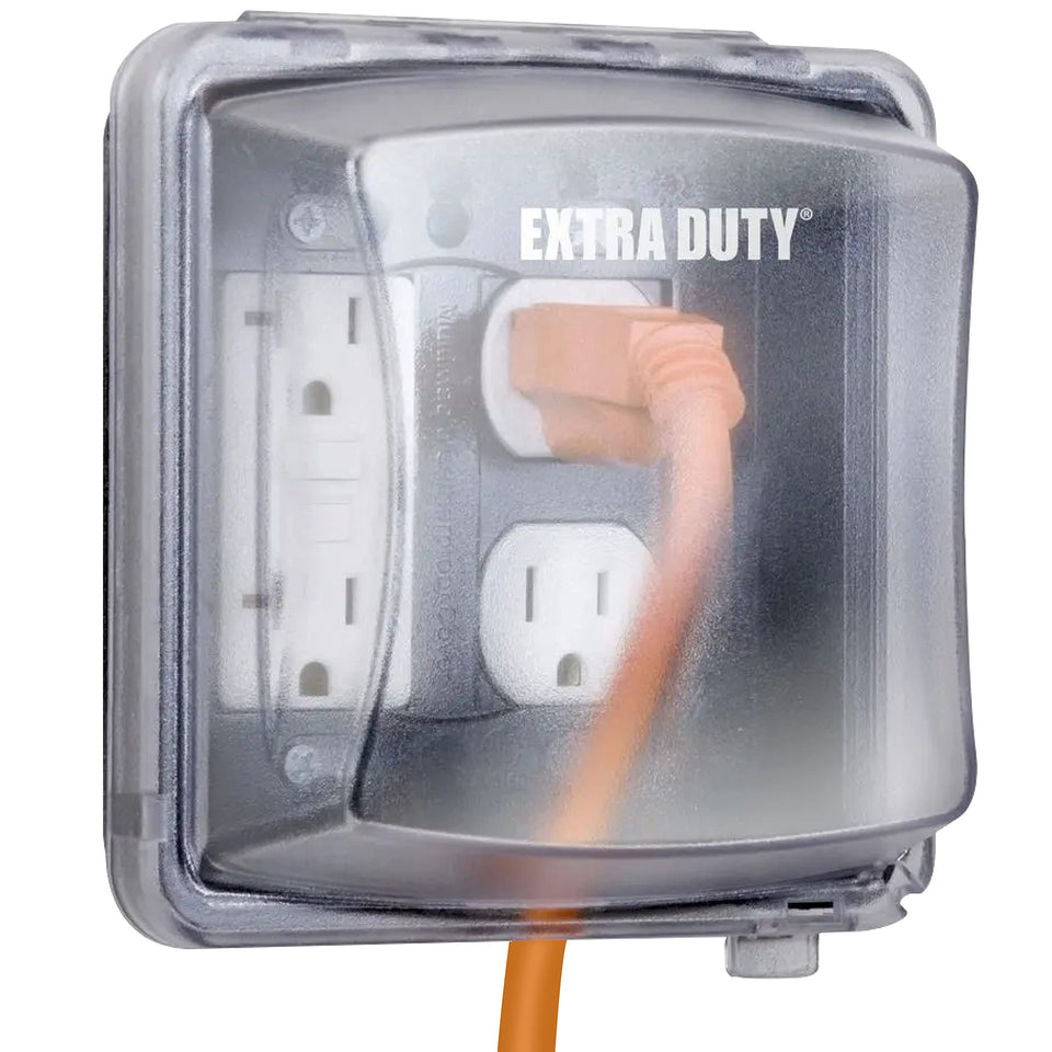 TayMac MM2420C 2-gang outlet cover in clear finish protects outdoor outlets.