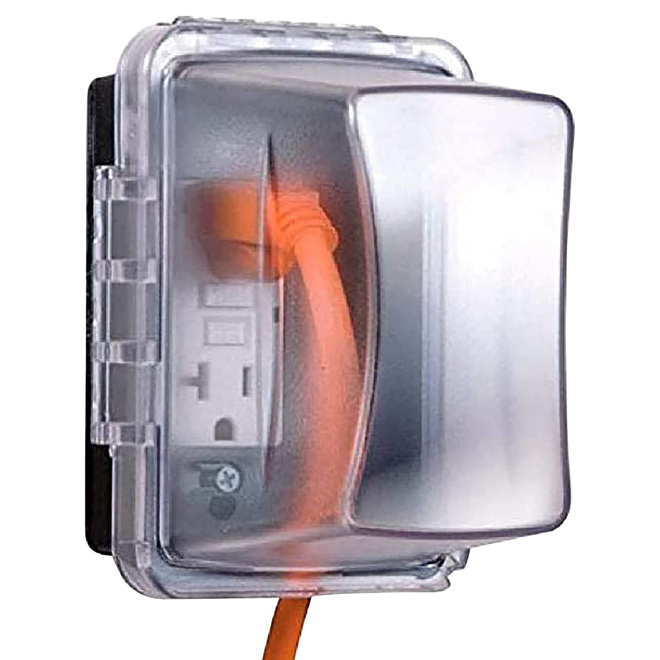 TayMac MM710C weatherproof outlet cover in horizontal configuration protecting outdoor outlets.