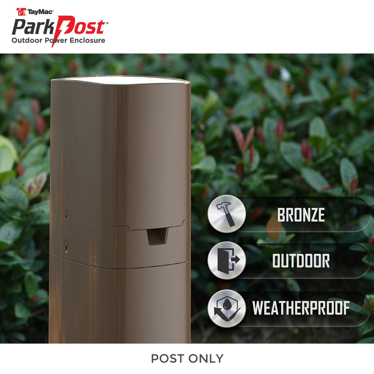 TayMac ParkPost outdoor duplex outlet ready for two cords for convenient power