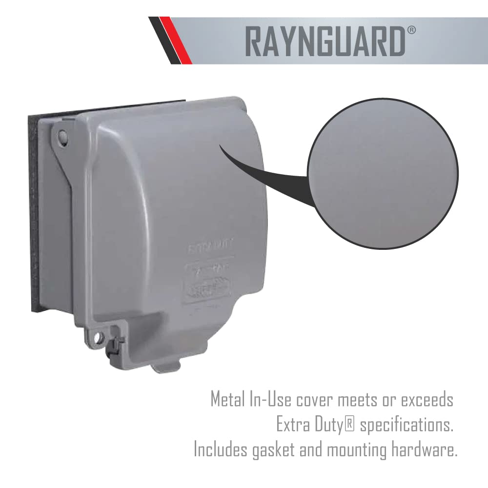 TayMac RayNGuard weatherproof outlet cover includes gasket and mounting hardware.