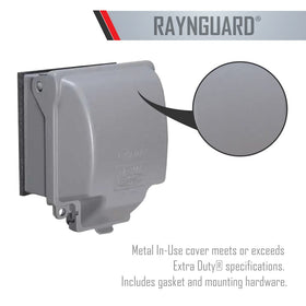 TayMac RayNGuard weatherproof outlet cover includes gasket and mounting hardware.