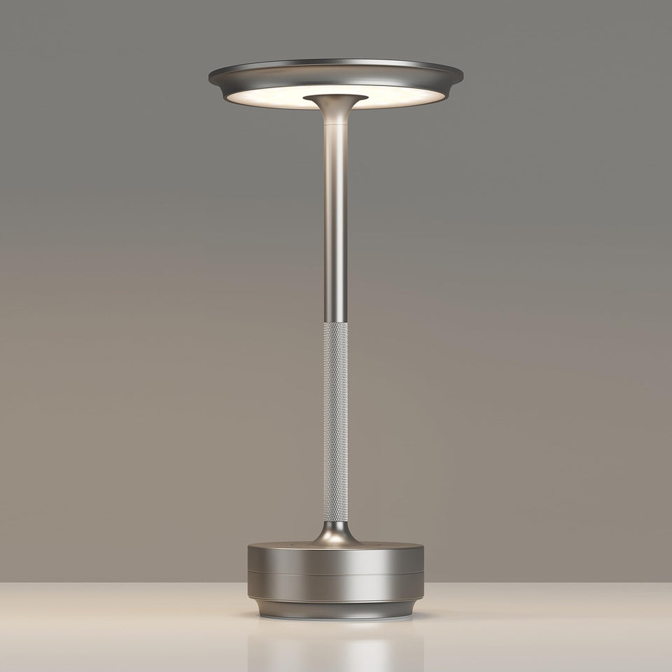 TBBGA rechargeable cordless table lamp in silver for ambient dining spaces.