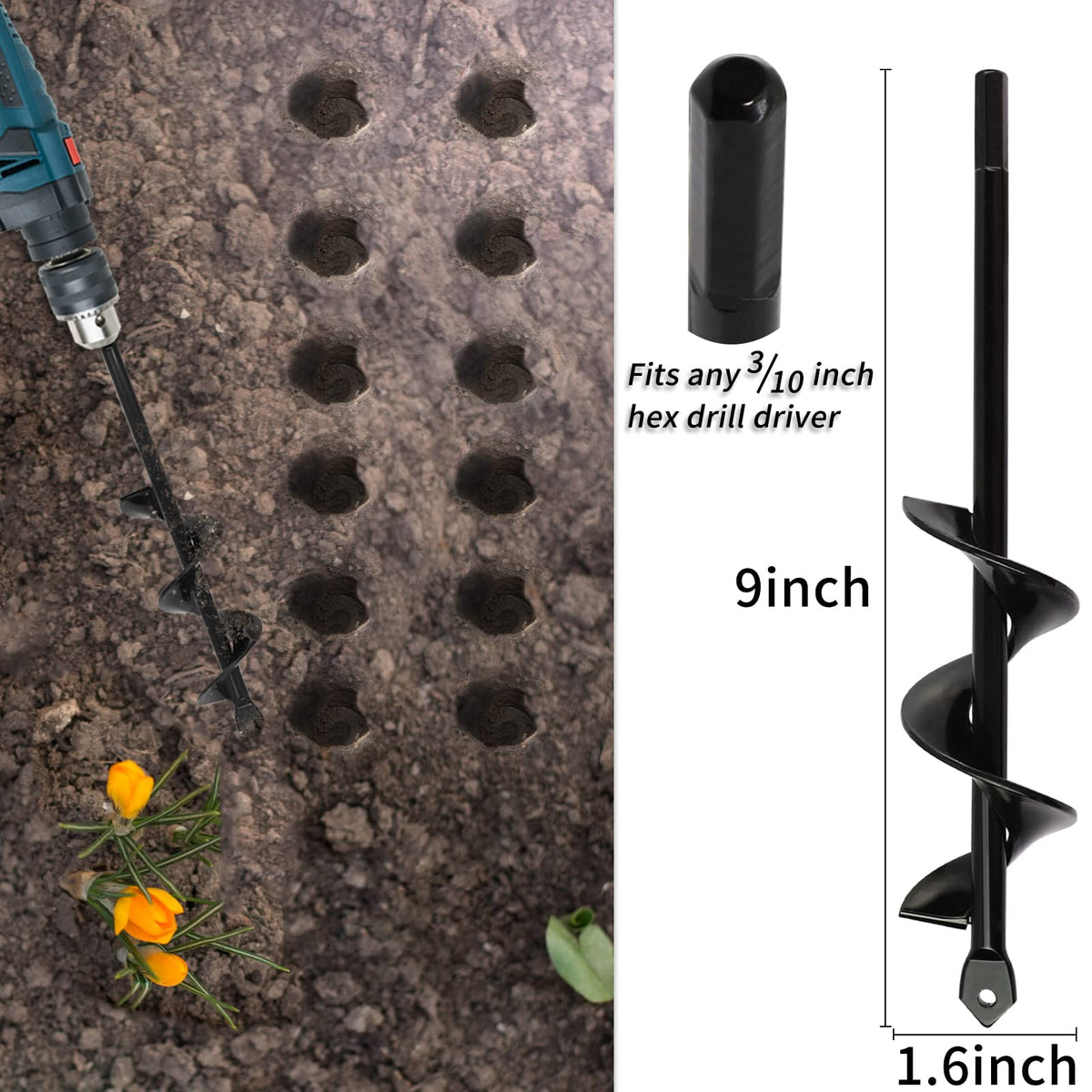 TCBWFY post hole spiral digger shown with garden setup