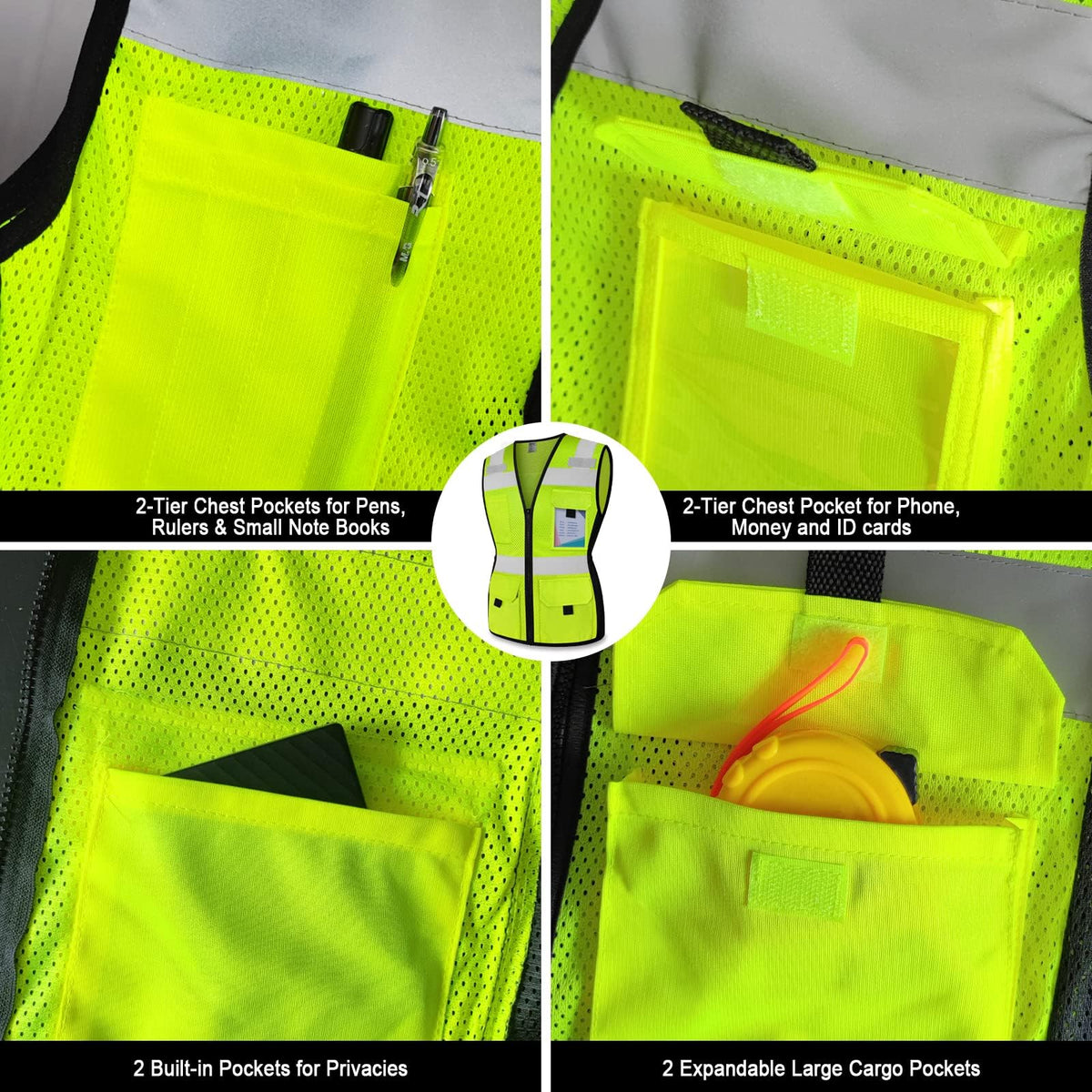 TCCFCCT vest back view highlights 360° reflective strips for visibility.