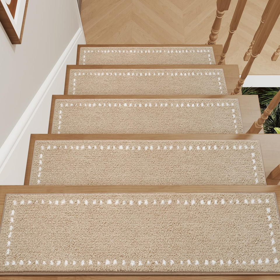 Tchdio stair treads with non-slip backing provide secure grip on wooden stairs.