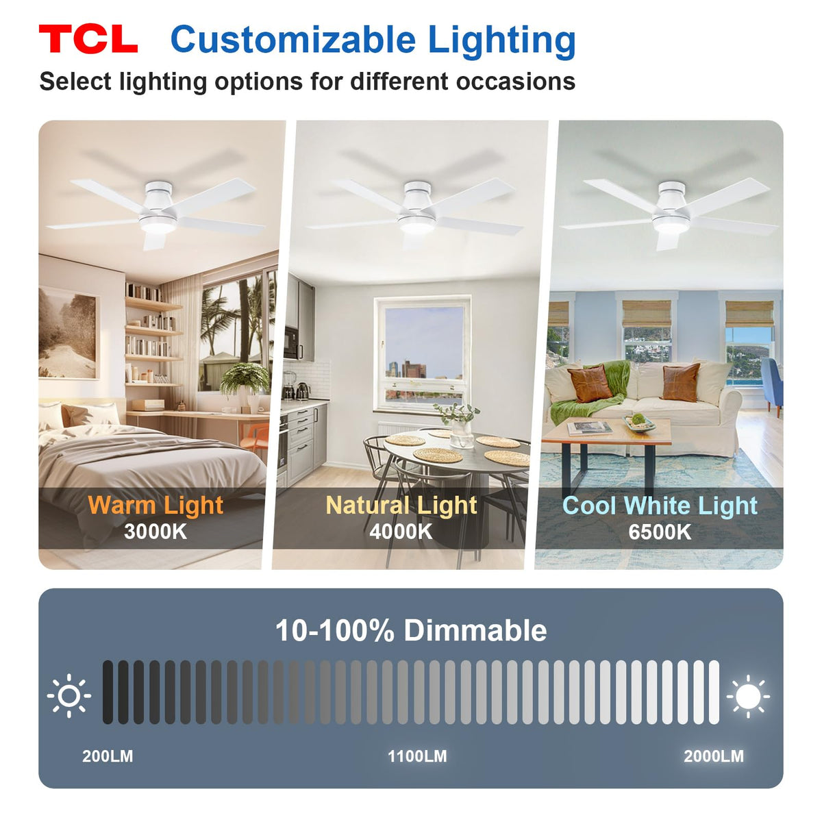 TCL dual-sided blades in wood and white offer decor versatility