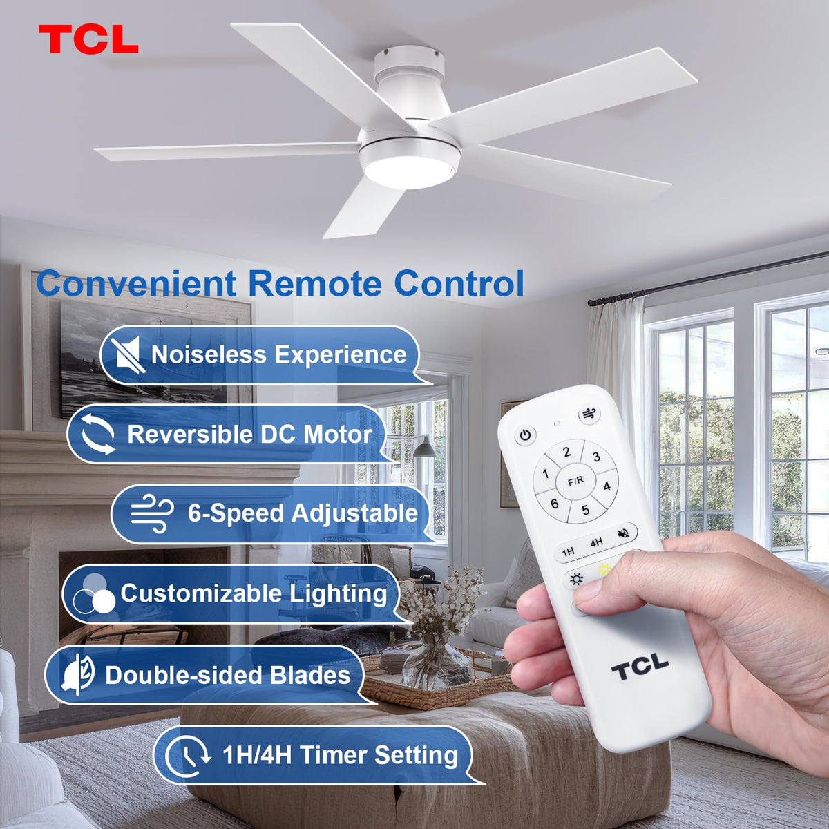 TCL ceiling fan with dimmable LED light for customizable ambiance