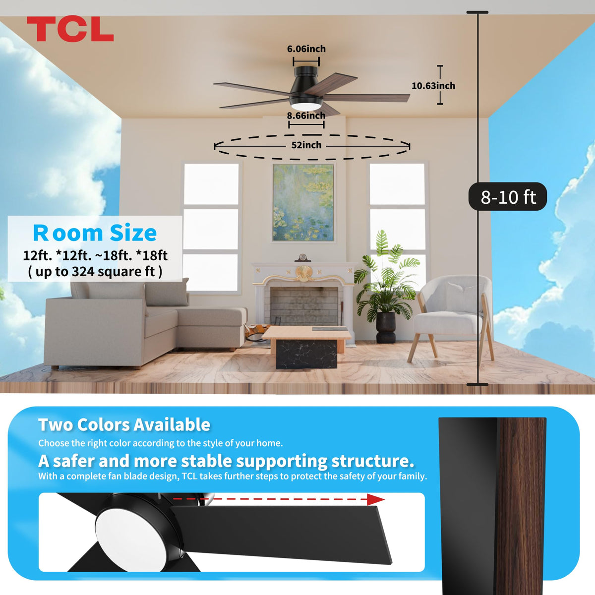 TCL 52-inch black ceiling fan suitable for covered patios and outdoor spaces