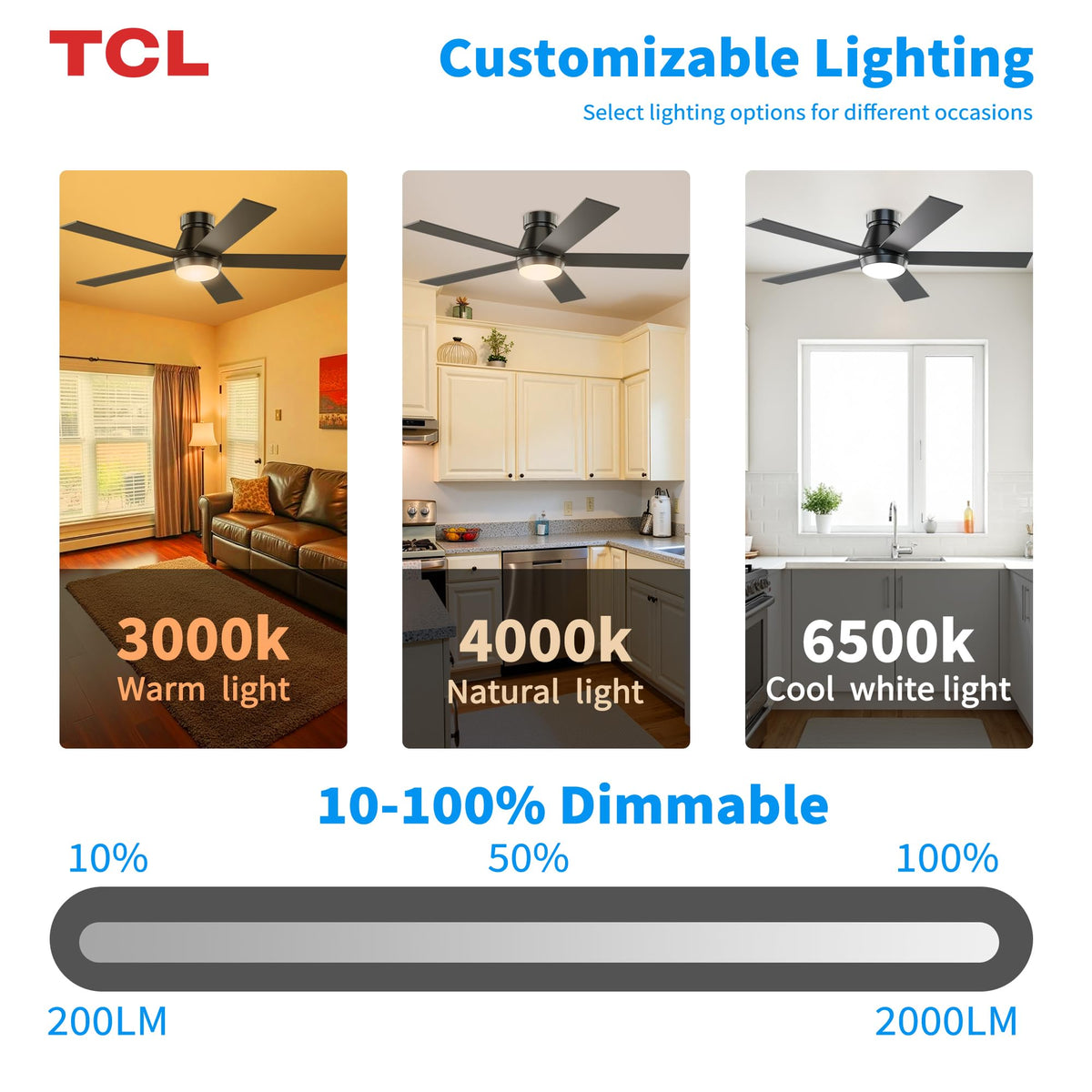 TCL 52-inch black ceiling fan dimmable brightness for comfortable lighting