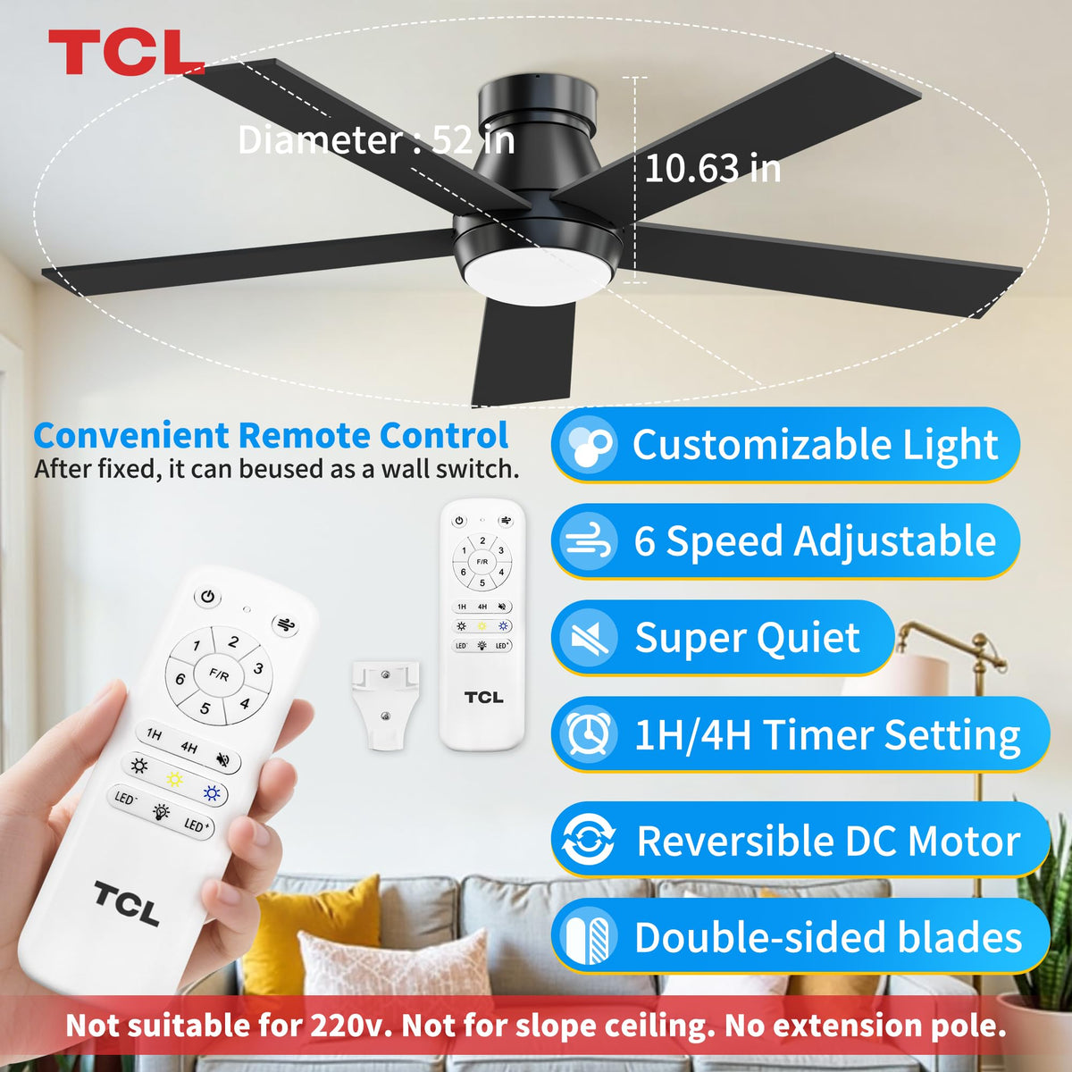 TCL 52-inch black ceiling fan flush mount fits low ceilings for space-saving airflow