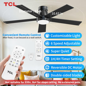 TCL 52-inch black ceiling fan flush mount fits low ceilings for space-saving airflow