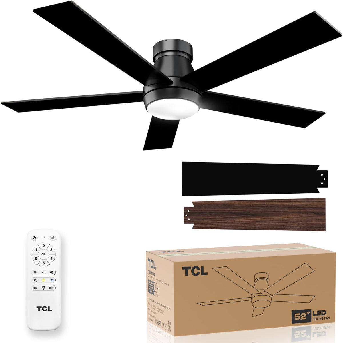 TCL 52-inch black ceiling fan front view with sleek profile for versatile styling