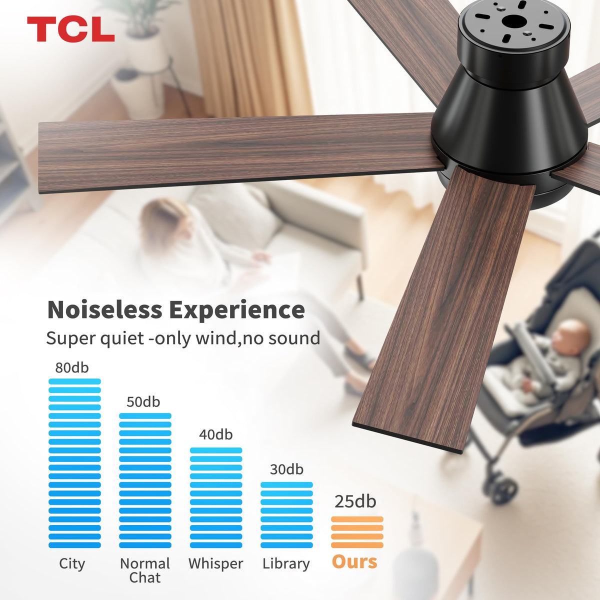 TCL 52-inch black ceiling fan LED light with 3 color temperatures for ambiance