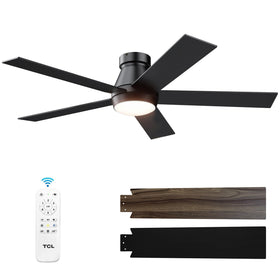 TCL 52-inch flush mount fan with black finish and integrated light for sleek bedrooms.