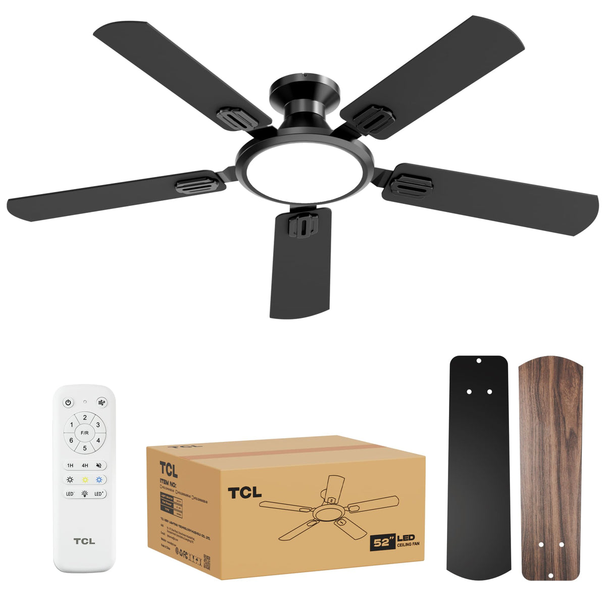 TCL 52-inch low-profile fan with light in matte black, compact and stylish.