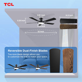 Dual blades in black and walnut on TCL fan for a modern look.