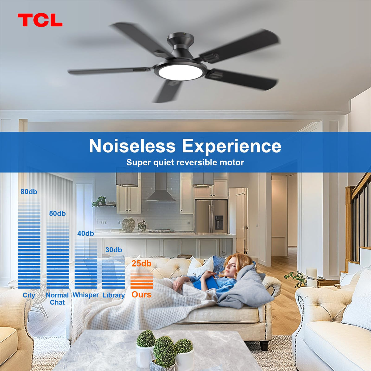 Flush-mount TCL ceiling fan installed for a clean, low-profile ceiling line.