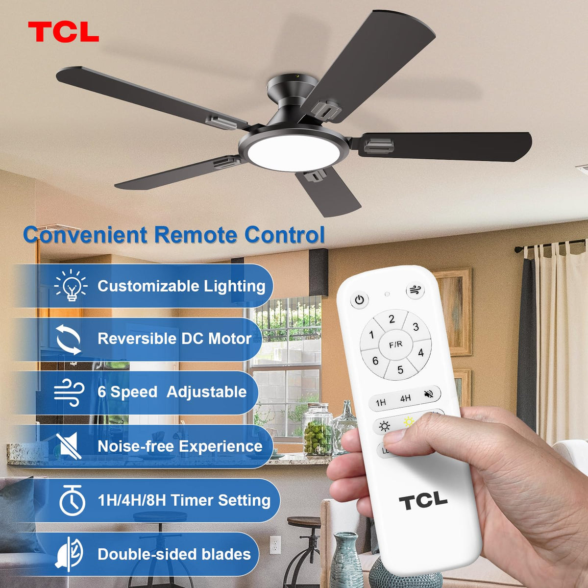 LED light panel on TCL 52-inch fan with brightness adjustment and color options.