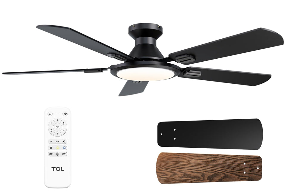 TCL ceiling fan with lights and remote in black for convenient cooling and ambiance.