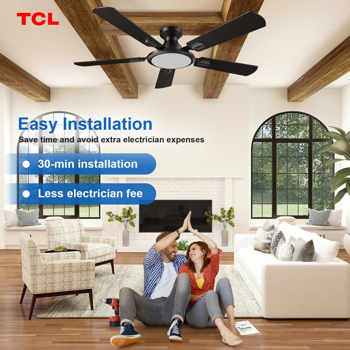 Room installation of TCL ceiling fan suitable for bedroom or living room.
